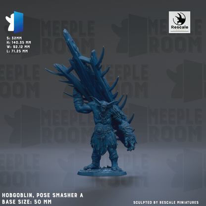 a figurine of Hobgoblin, a character from the video game Meeple Room, posed in a dynamic pose with a large weapon in his hand. The figurine is shown against a dark background, emphasizing its size and the details of the weapon. The image is a collage of multiple images, and the caption below the figurine provides information about the base sizes and sculpting by Rescale miniatures.