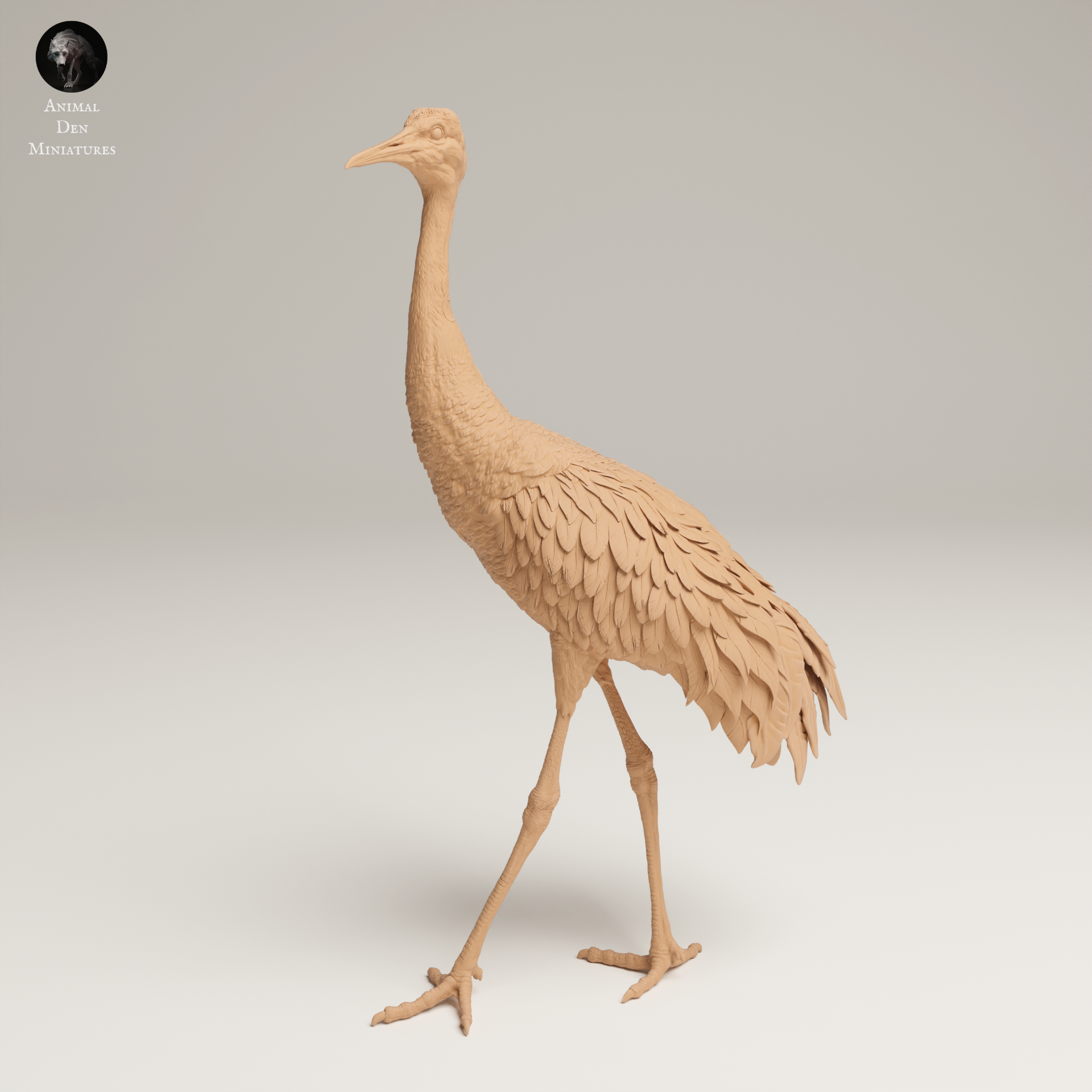 a wooden model of a large bird walking