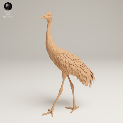 a wooden model of a large bird walking