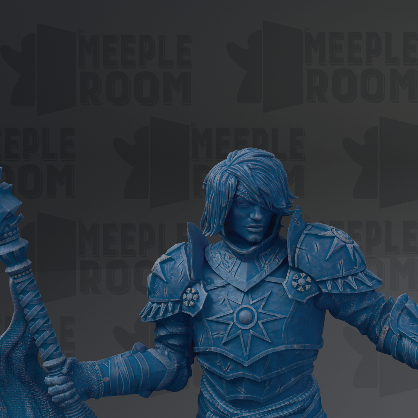 A blue statue of a warrior figure holding a sword and shield, with the text "MEUPLE ROOM" repeated in the background.