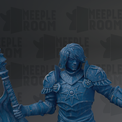 A blue statue of a warrior figure holding a sword and shield, with the text "MEUPLE ROOM" repeated in the background.