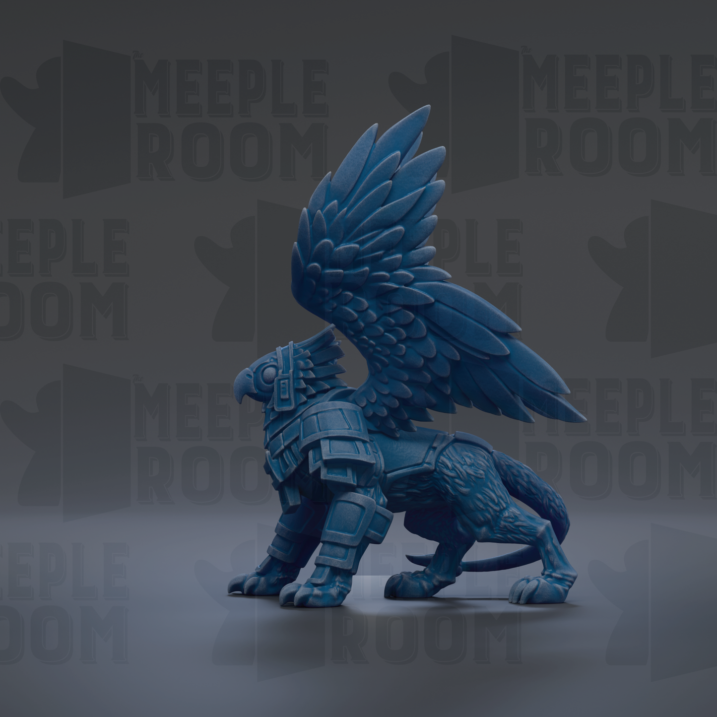 A blue winged creature with a fierce expression stands on a gray surface against a dark background with repeated text.