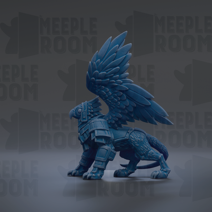 A blue winged creature with a fierce expression stands on a gray surface against a dark background with repeated text.