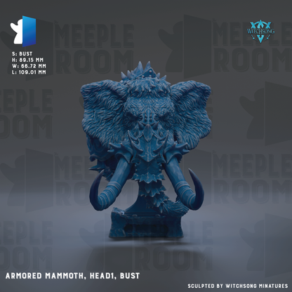 a detailed armored mammoth statue with a head, bust, and tusks, set against a dark background with repeated text.