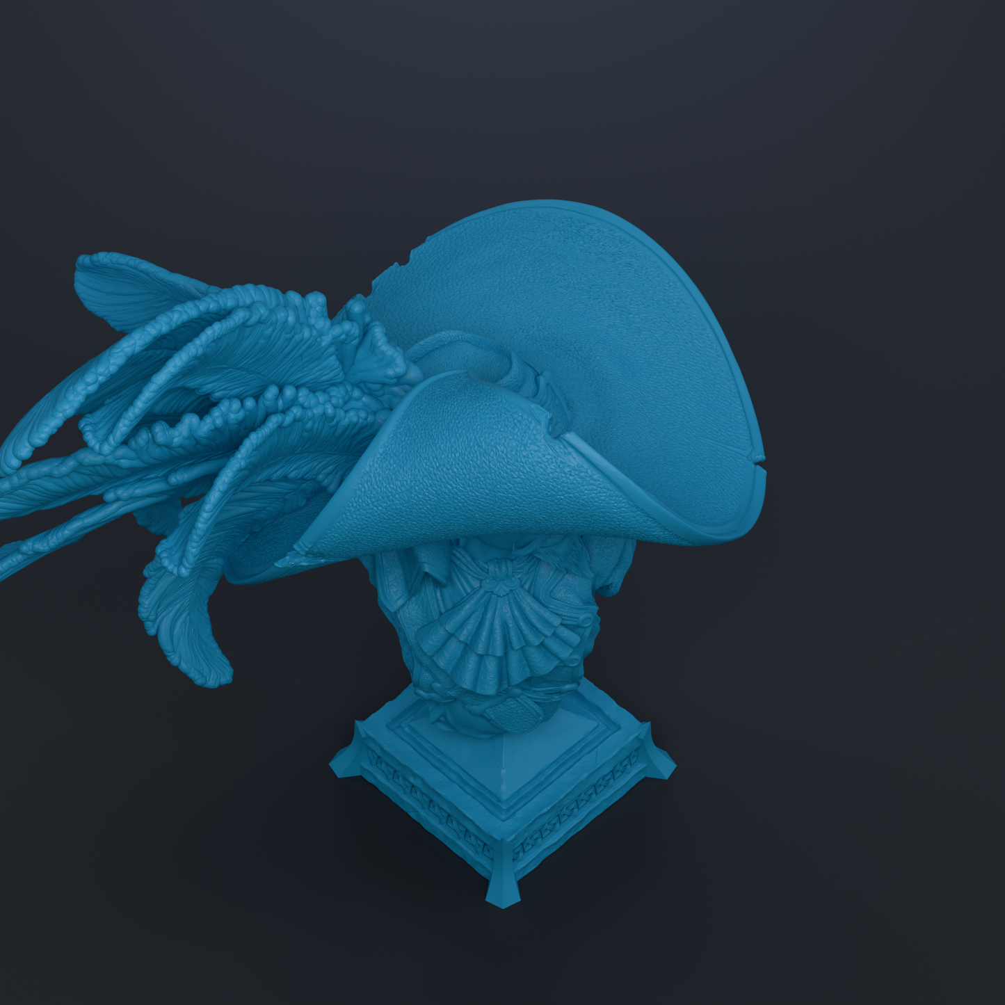 A blue statue of a pirate hat with intricate details and feathers.