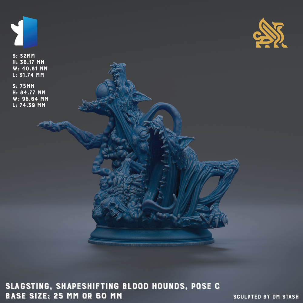 A blue, 3D-rendered figurine of a creature with a large head and sharp teeth, resembling a bloodhound or similar wild animal. The creature appears to be in a dynamic pose, with its mouth open and teeth bared. The image is described as a slagsting, shape-shifting blood hounds, pose C, and is shown in a base size of 25mm or 60mm.