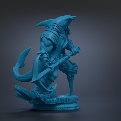 A blue 3D model of a shark-like creature with a sword and shield, standing on a platform.
