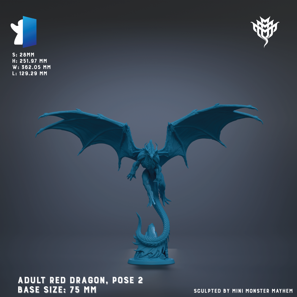 a large, blue dragon statue with wings spread wide, standing on a base. The dragon is posed in a dynamic, flying-like position. The image is described as an adult red dragon pose, with the base sizes being 75 mm and L:129.29 mm. The image is a sculpture by Mini Monster Mayhem.