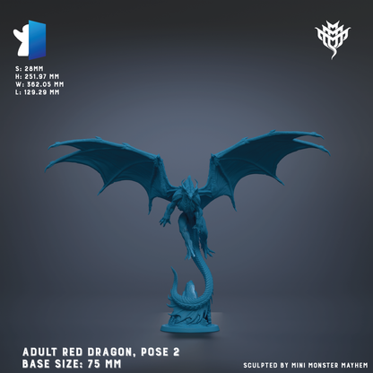a large, blue dragon statue with wings spread wide, standing on a base. The dragon is posed in a dynamic, flying-like position. The image is described as an adult red dragon pose, with the base sizes being 75 mm and L:129.29 mm. The image is a sculpture by Mini Monster Mayhem.