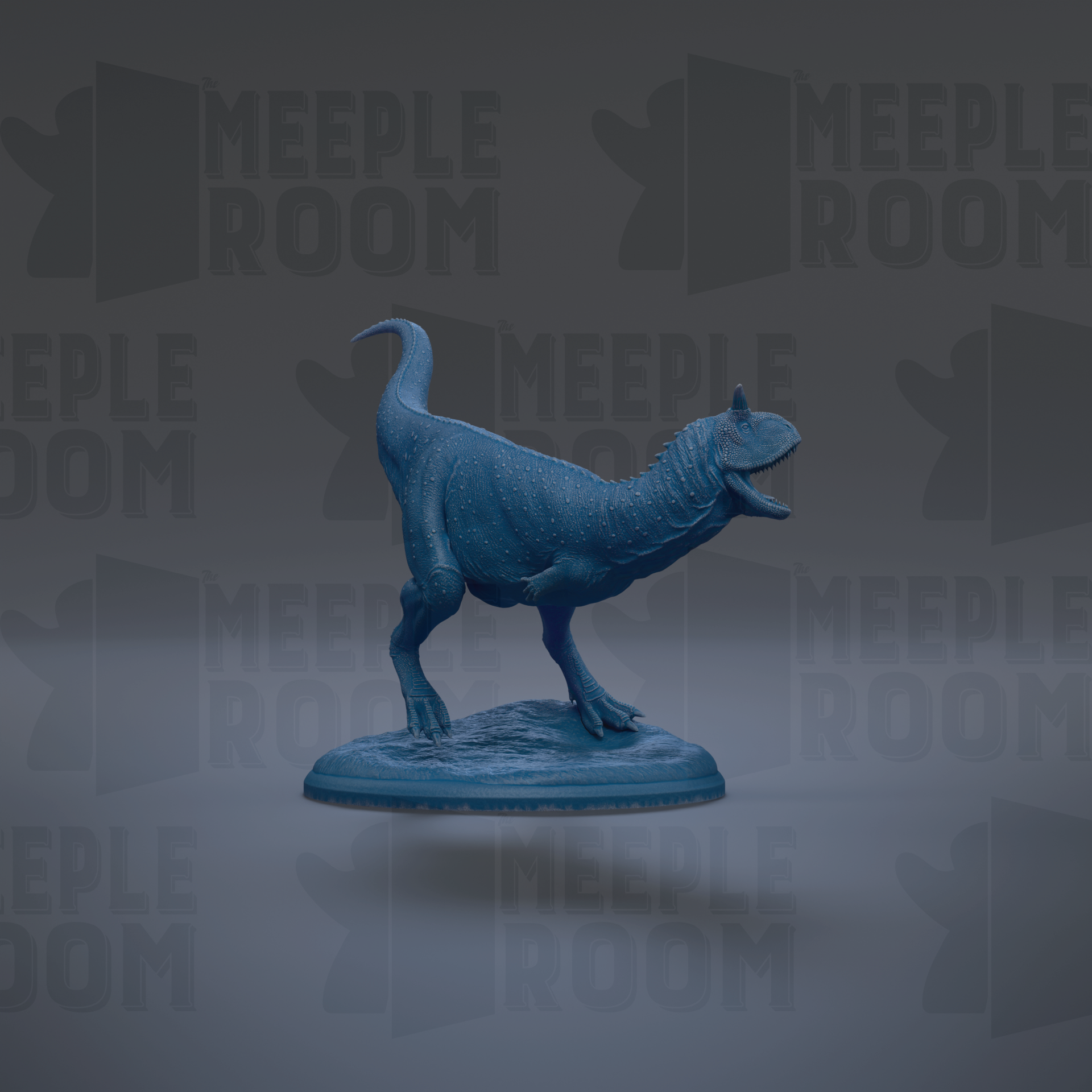 A blue dinosaur figurine is standing on a blue base against a gray background with repeated text.