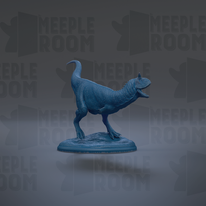 A blue dinosaur figurine is standing on a blue base against a gray background with repeated text.