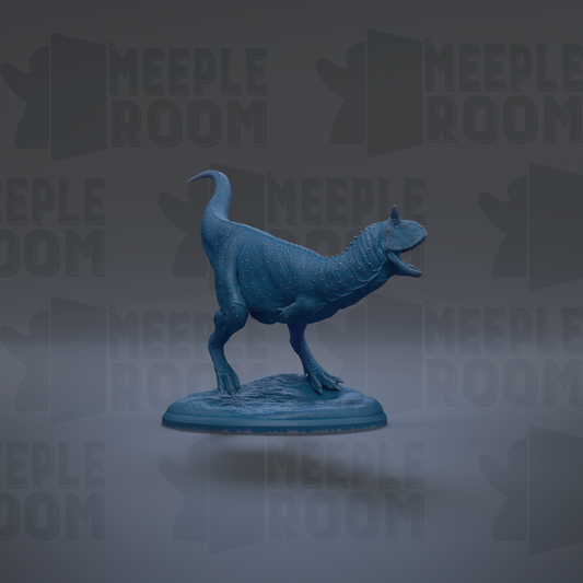 A blue dinosaur figurine is standing on a blue base against a gray background with repeated text.