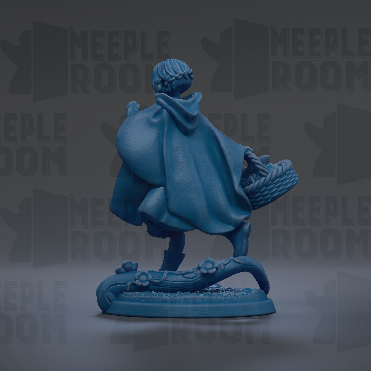 A blue figurine of a person wearing a cape and carrying a basket, standing on a platform with flowers.