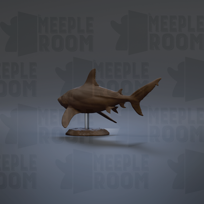 A 3D model of a shark is displayed on a stand against a gray background with repeated text.