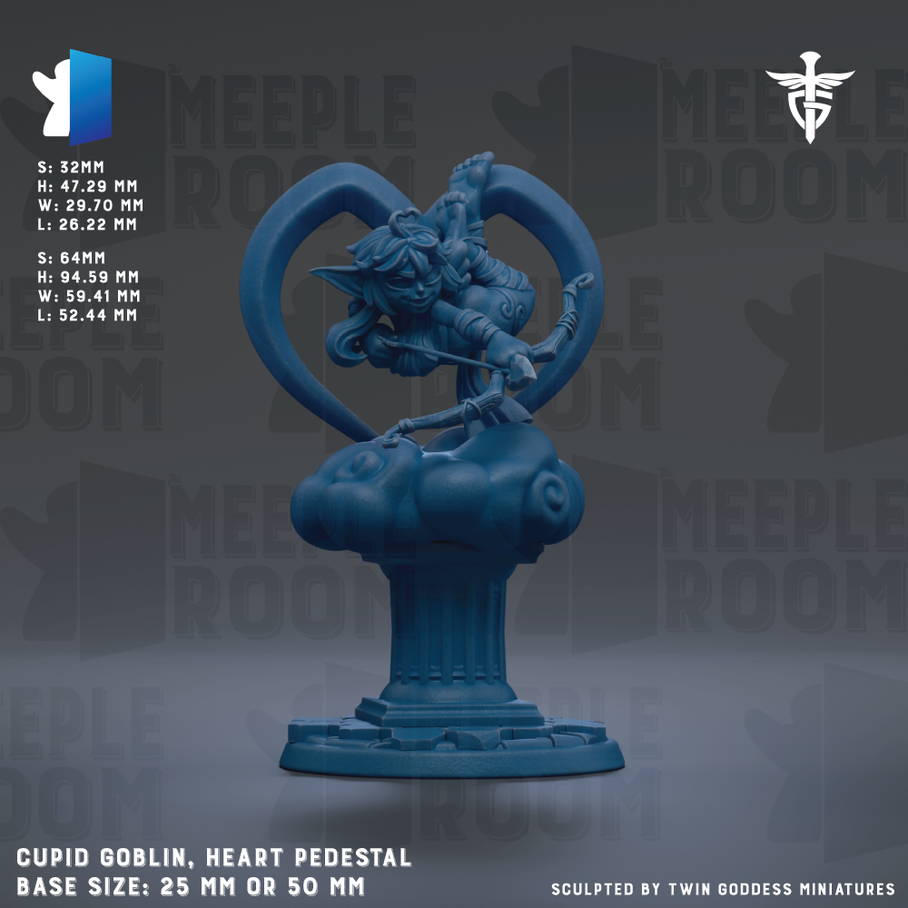 The image is a 3D rendering of a cupid coblin, a heart-shaped pedestal, with a heart-shaped base and a heart-shaped head. The base size is either 25mm or 50mm, and the head size is either 24mm or 36mm. The image is a sculpture of the cupid coblin, and it is created by Twin Goddess Miniatures.