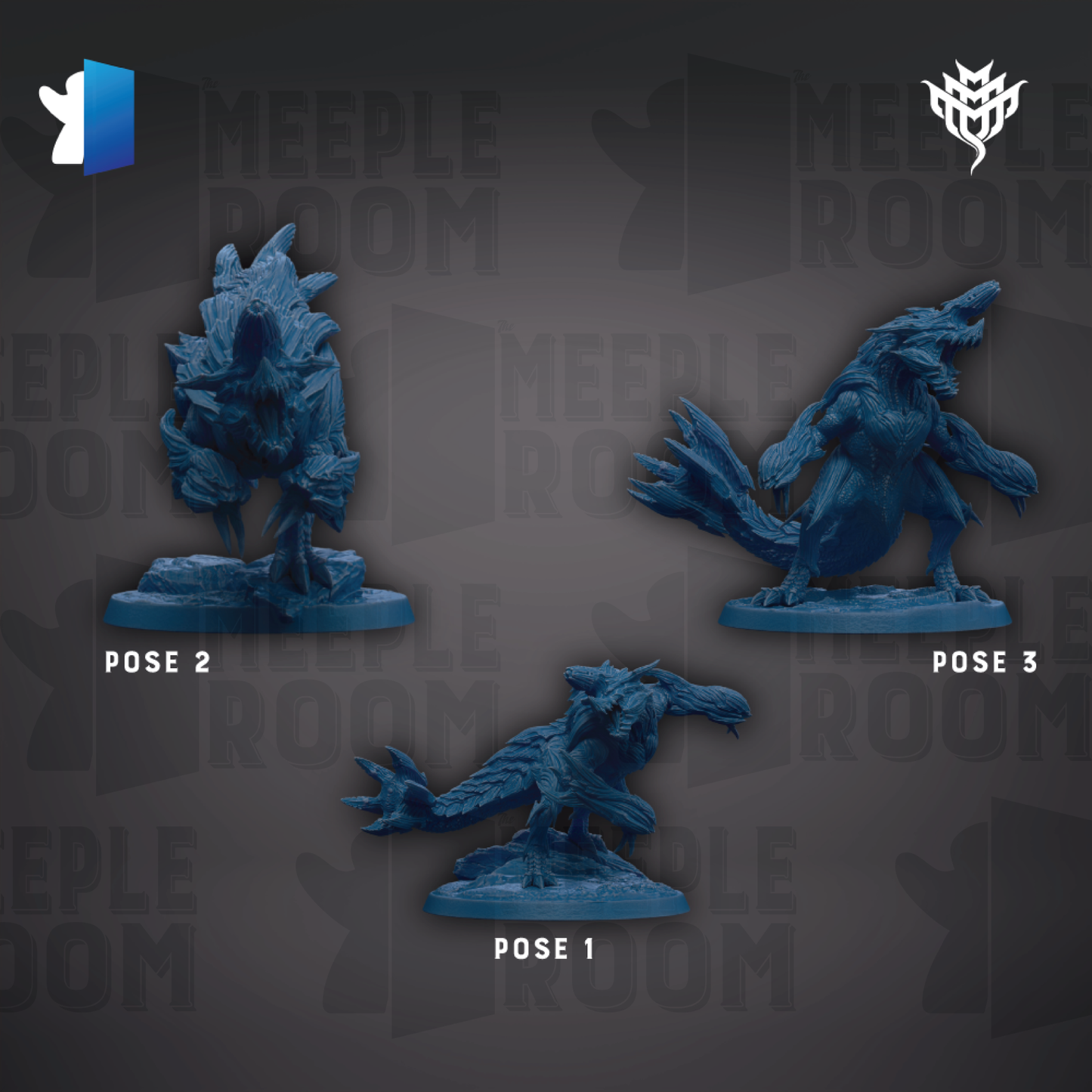 three blue figurines of creatures, each with a different pose, arranged against a dark background with repeated text.