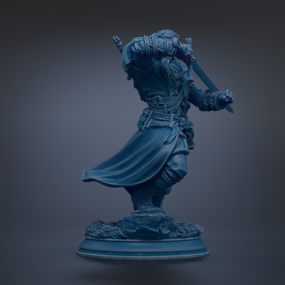 A blue statue of a warrior figure holding a sword and shield, standing on a base.
