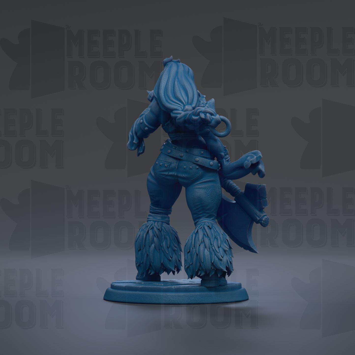 A blue figurine of a female character with long hair and large, feathered boots, standing on a base and holding a weapon.