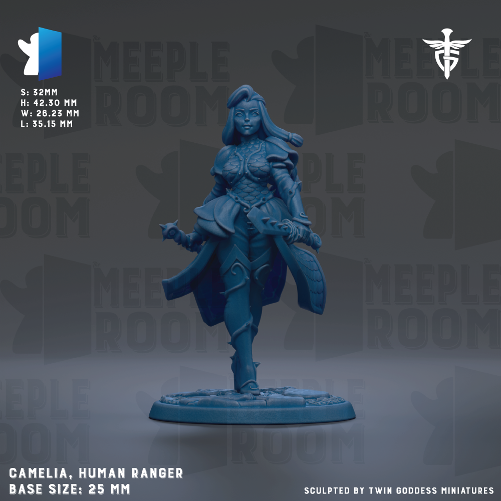 a figurine of a female character, specifically a human ranger, with a detailed and intricate design. The figurine is described as having a base size of 25mm and is sculpted by Twin Goddess Miniatures.