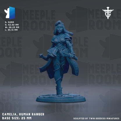 a figurine of a female character, specifically a human ranger, with a detailed and intricate design. The figurine is described as having a base size of 25mm and is sculpted by Twin Goddess Miniatures.