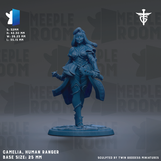 a figurine of a female character, specifically a human ranger, with a detailed and intricate design. The figurine is described as having a base size of 25mm and is sculpted by Twin Goddess Miniatures.