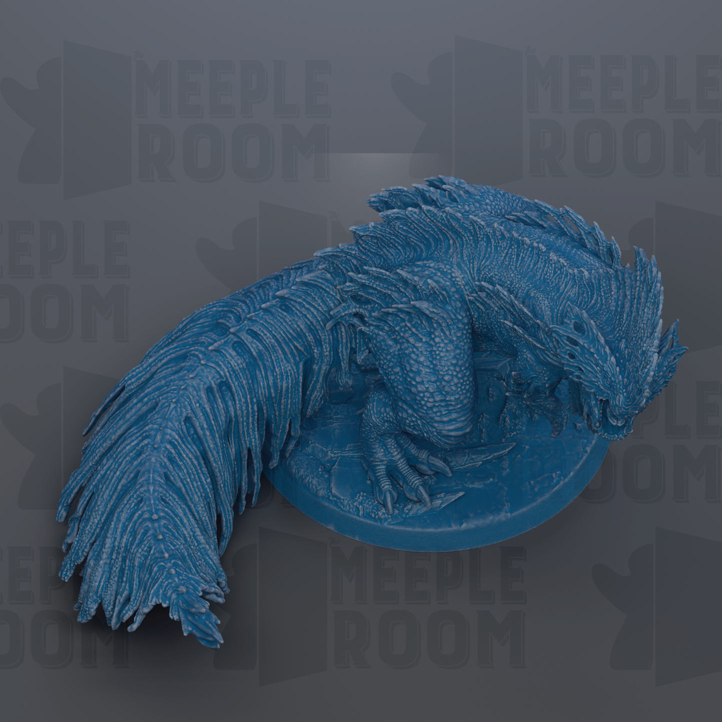 A 3D rendering of a blue, fantastical creature resembling a dragon or serpent, with intricate scales and a long, flowing tail.