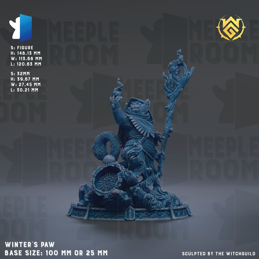 The image is a detailed sculpture of a figure, likely a deity or a character, with intricate details and a blue color scheme. The sculpture is displayed against a dark background, which emphasizes its presence. The base size of the sculpture is either 100 mm or 25 mm, depending on the perspective. The sculpture is described as being sculpted by the Witchguild, indicating that it is a professionally crafted piece of art.