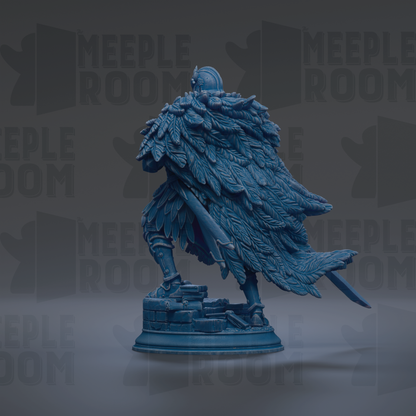 A detailed 3D rendering of a blue-colored statue of a winged figure, possibly a deity or a mythical creature, standing on a pedestal.