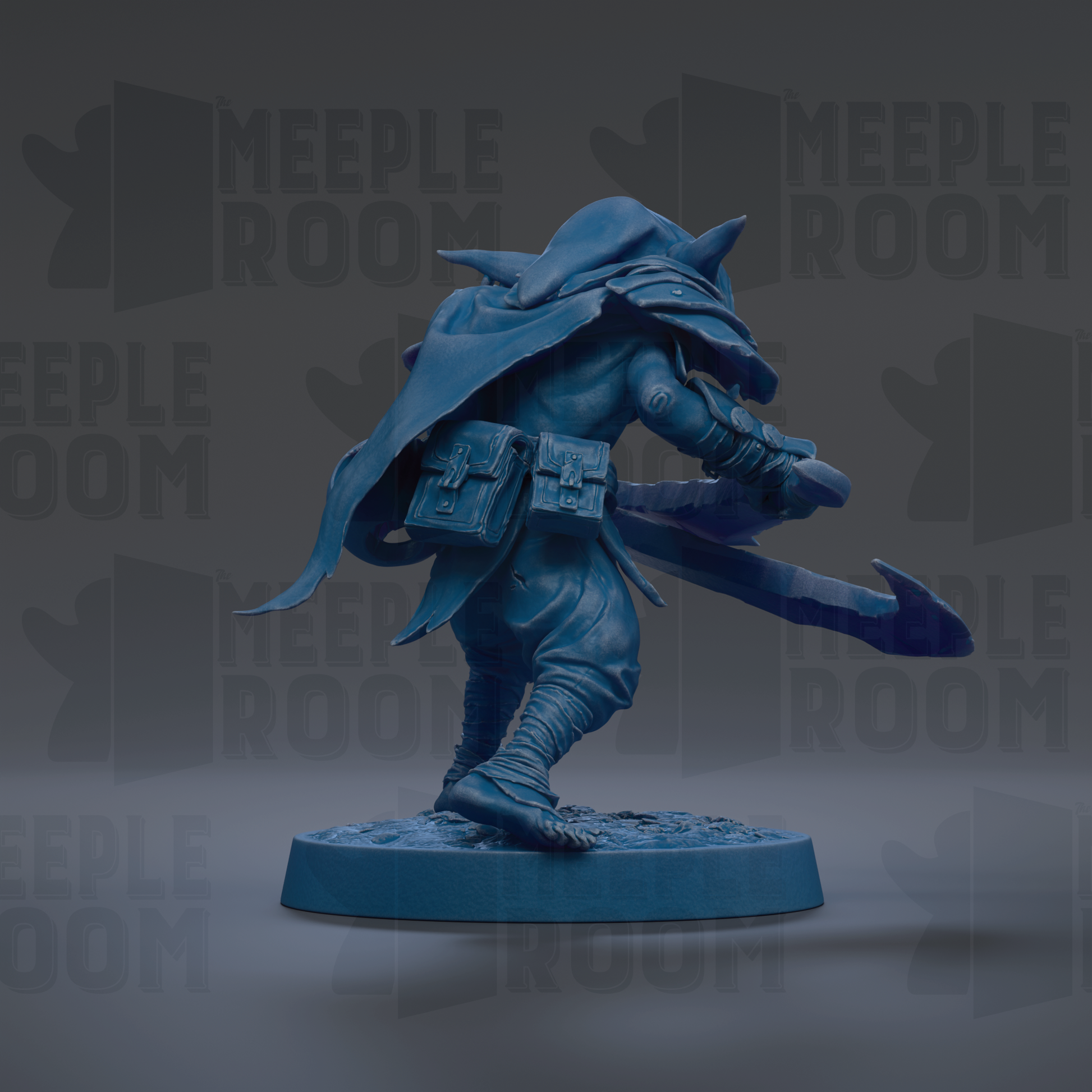 A blue figurine of a warrior-like character, possibly a knight or pirate, is depicted in a dynamic pose, holding a sword and shield.