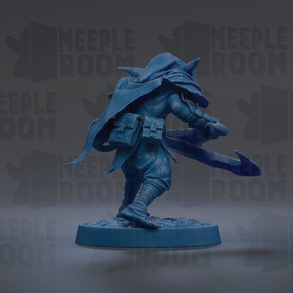 A blue figurine of a warrior-like character, possibly a knight or pirate, is depicted in a dynamic pose, holding a sword and shield.