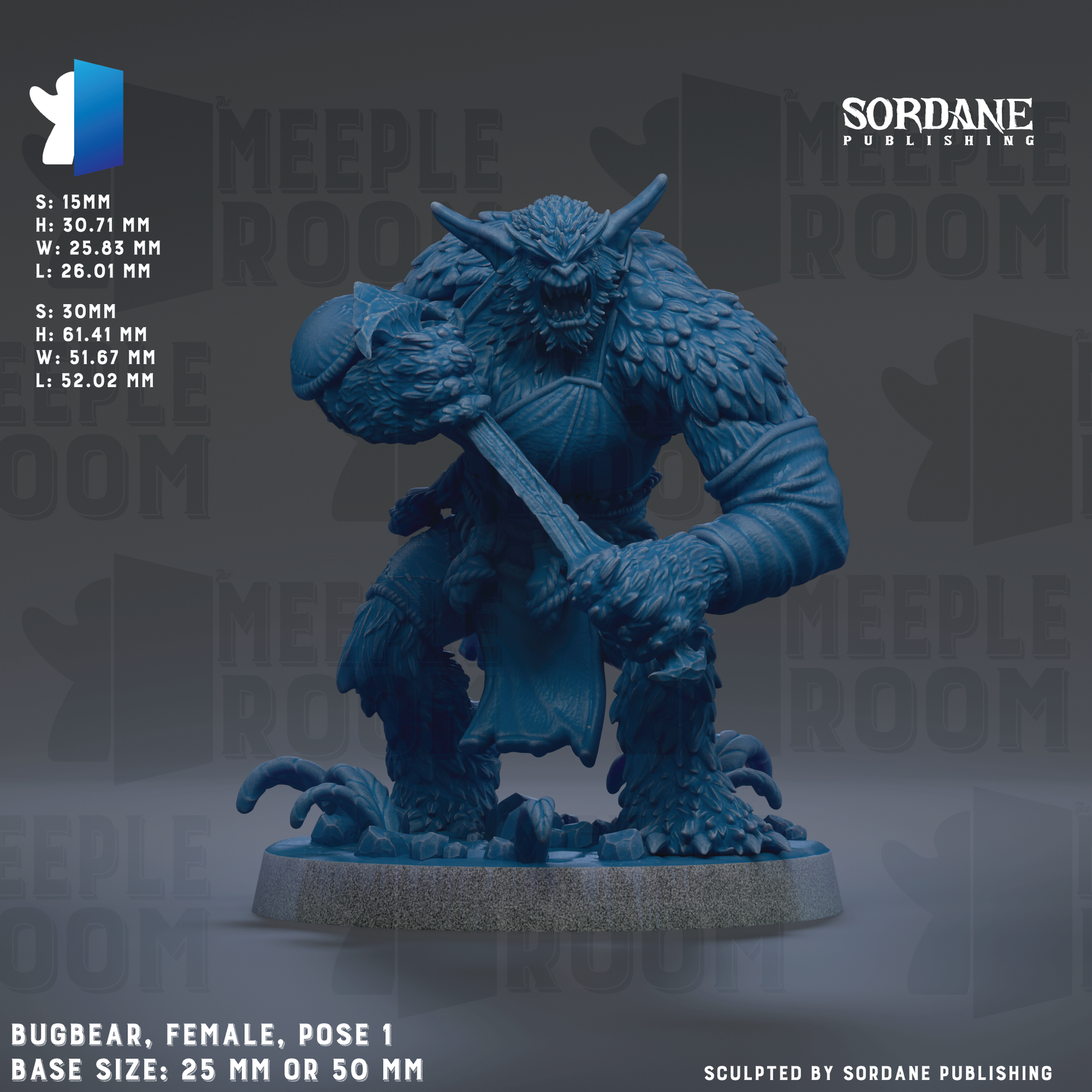 The image is a detailed 3D rendering of a blue, furry monster-like creature with horns and claws, standing on a base. The creature is posed in a fighting stance, holding a weapon in its hands. The image is a collage of multiple images, and it is described as a "base size: 25 MM or 50 MM". The creature is titled "BUGBEAR, FEMALE, POSE 1".