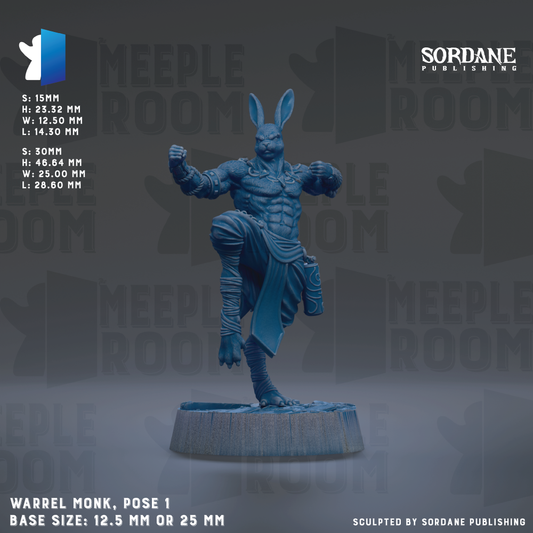 a figurine of a muscular, blue-skinned character with large ears and a long neck, standing on one leg and appearing to be in a fighting stance. The figurine is placed on a base that is described as either 12.5 mm or 25 mm in size. The background of the image is a dark gray color, and the text "WARREL MONK, POSE 1" is visible, along with the base size and the publisher's information.