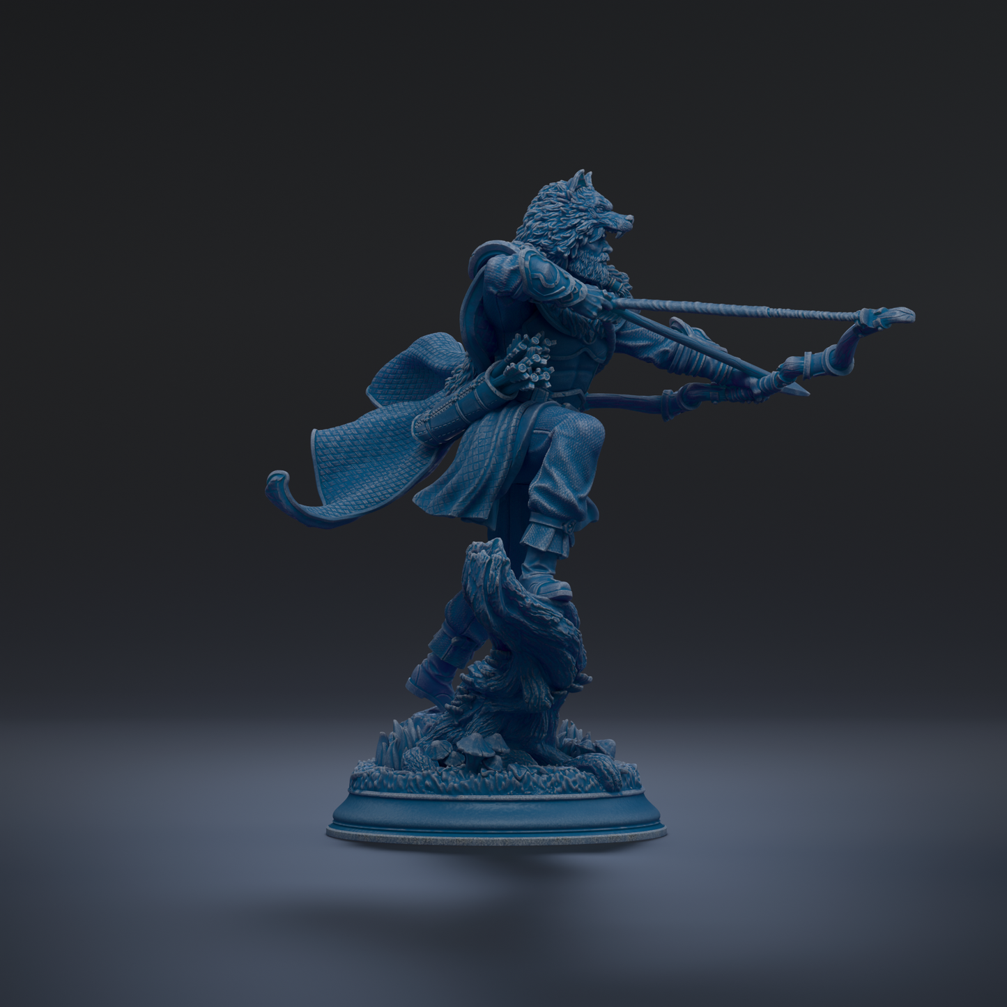 A blue statue of a figure holding a bow and arrow, standing on a pedestal.