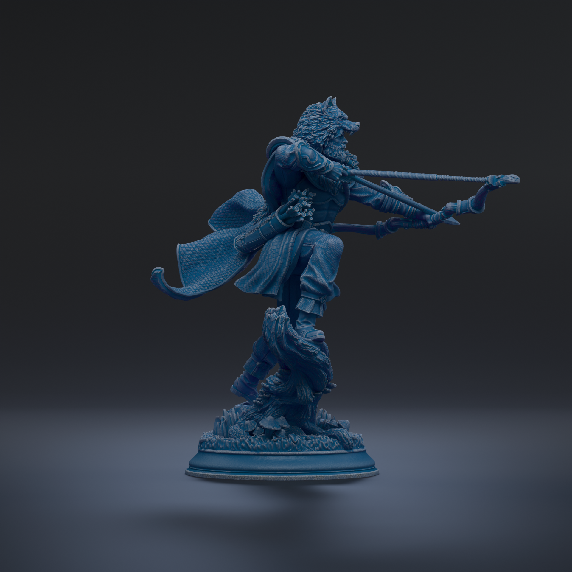 A blue statue of a figure holding a bow and arrow, standing on a pedestal.