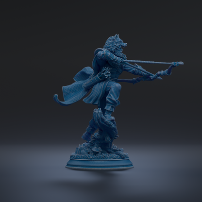 A blue statue of a figure holding a bow and arrow, standing on a pedestal.