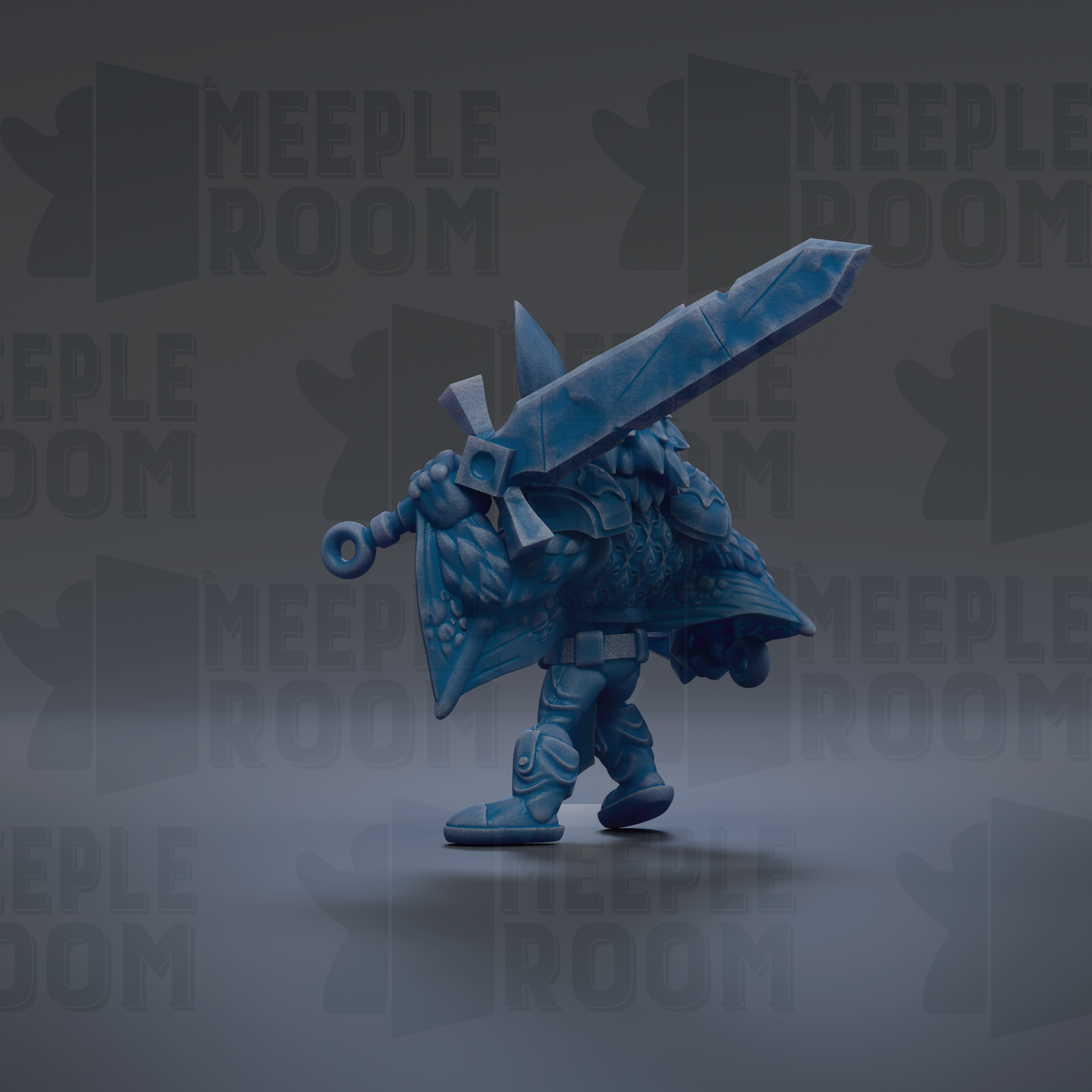 A blue, 3D-rendered character holding a large sword stands in the center of the image against a dark background with repeated text.