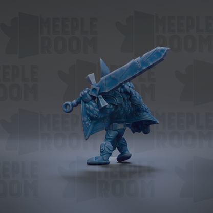 A blue, 3D-rendered character holding a large sword stands in the center of the image against a dark background with repeated text.