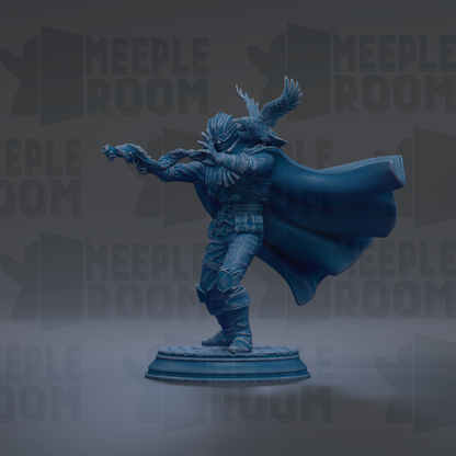 A blue statue of a person with wings, holding a sword and shield, standing on a pedestal against a dark background with repeated text.