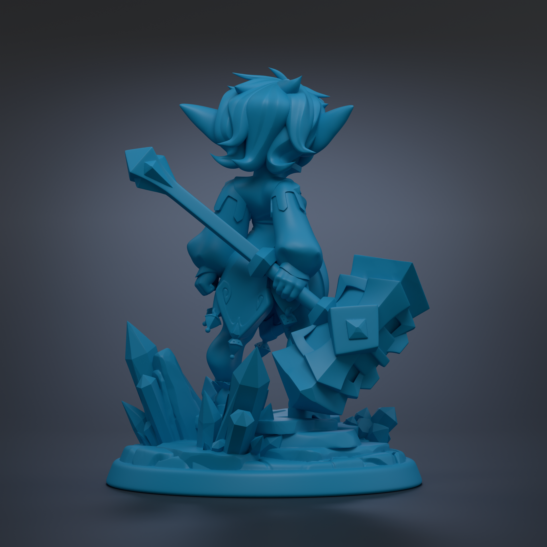 A 3D rendering of a blue-colored character holding a large, geometric-shaped object, standing on a base with crystals.
