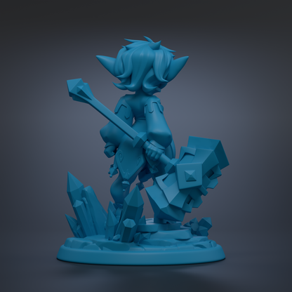 A 3D rendering of a blue-colored character holding a large, geometric-shaped object, standing on a base with crystals.