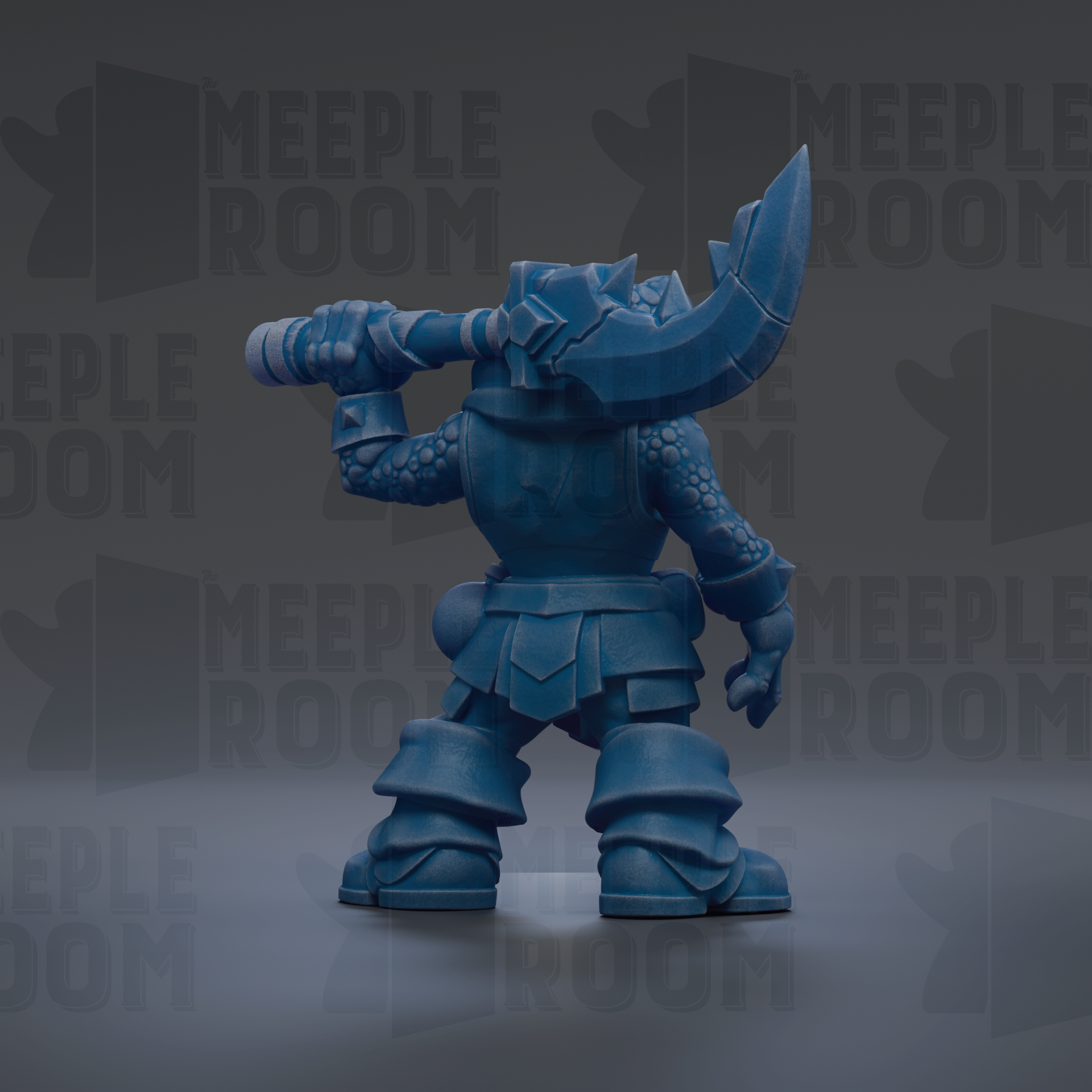 A blue, armored fantasy character holding a large sword and standing in a fighting stance.