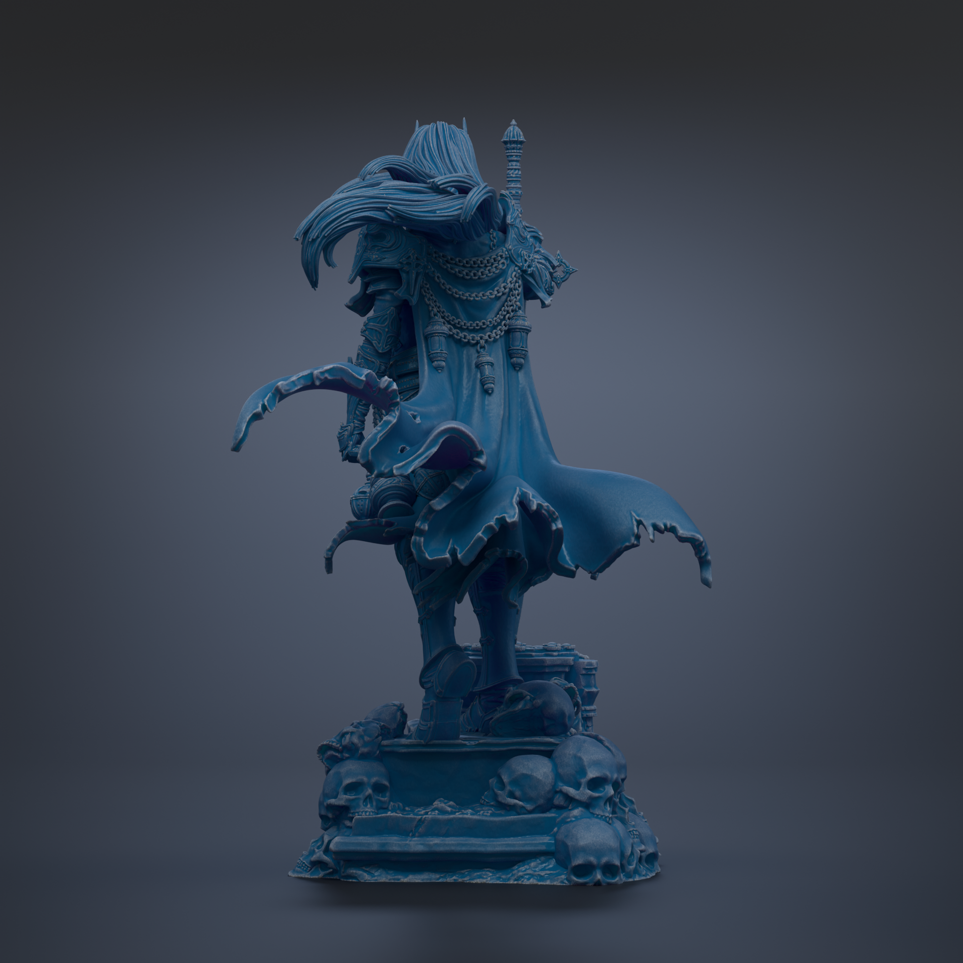 A dark blue, 3D-rendered statue of a figure with flowing hair and a flowing cape, standing on a base with skulls and other dark objects.