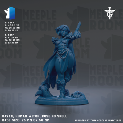 The image is a detailed model of a female character, specifically a human witch, posed in a dynamic pose with a sword in her hand. The character is standing on a base that is either 25mm or 50mm in size. The background of the image is a dark blue color, and there is text providing information about the character and its base size.