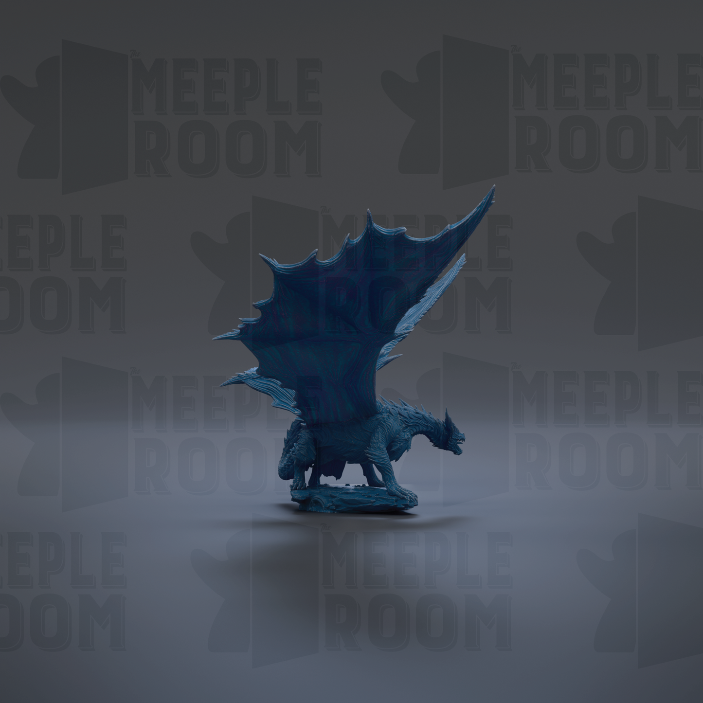 A blue dragon figurine with a large, sharp wing is the central focus of the image, set against a dark background with repeated text.