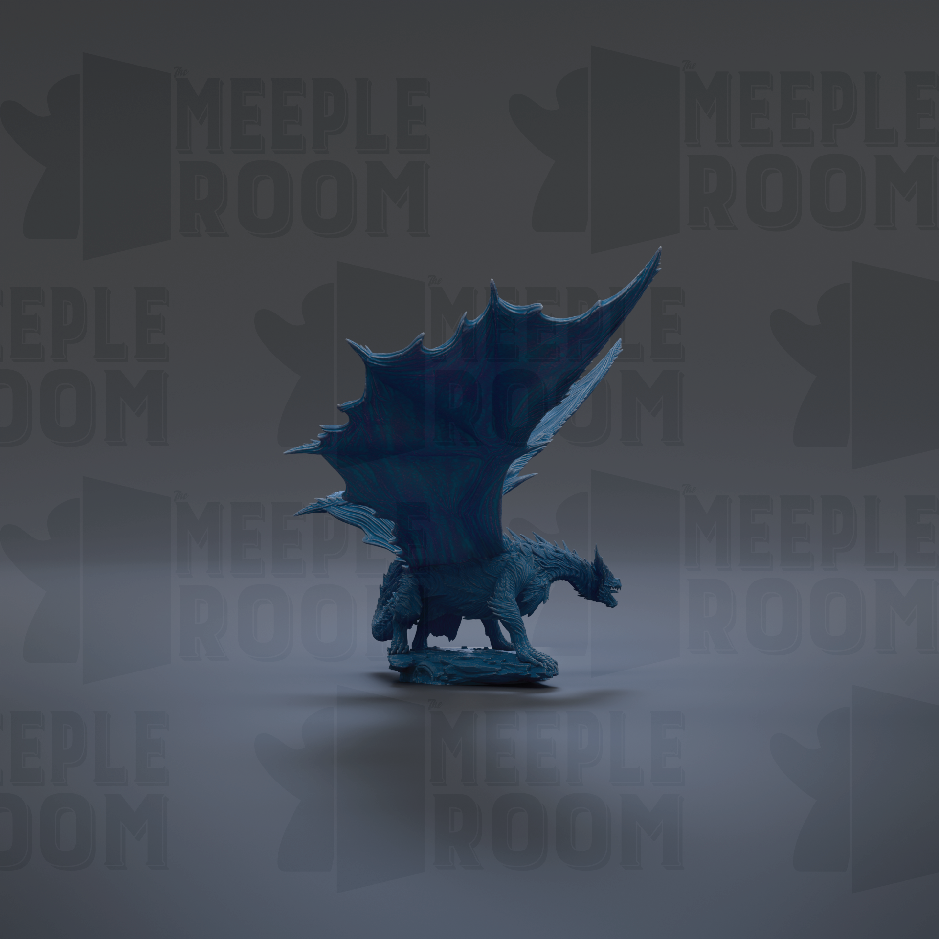 A blue dragon figurine with a large, sharp wing is the central focus of the image, set against a dark background with repeated text.