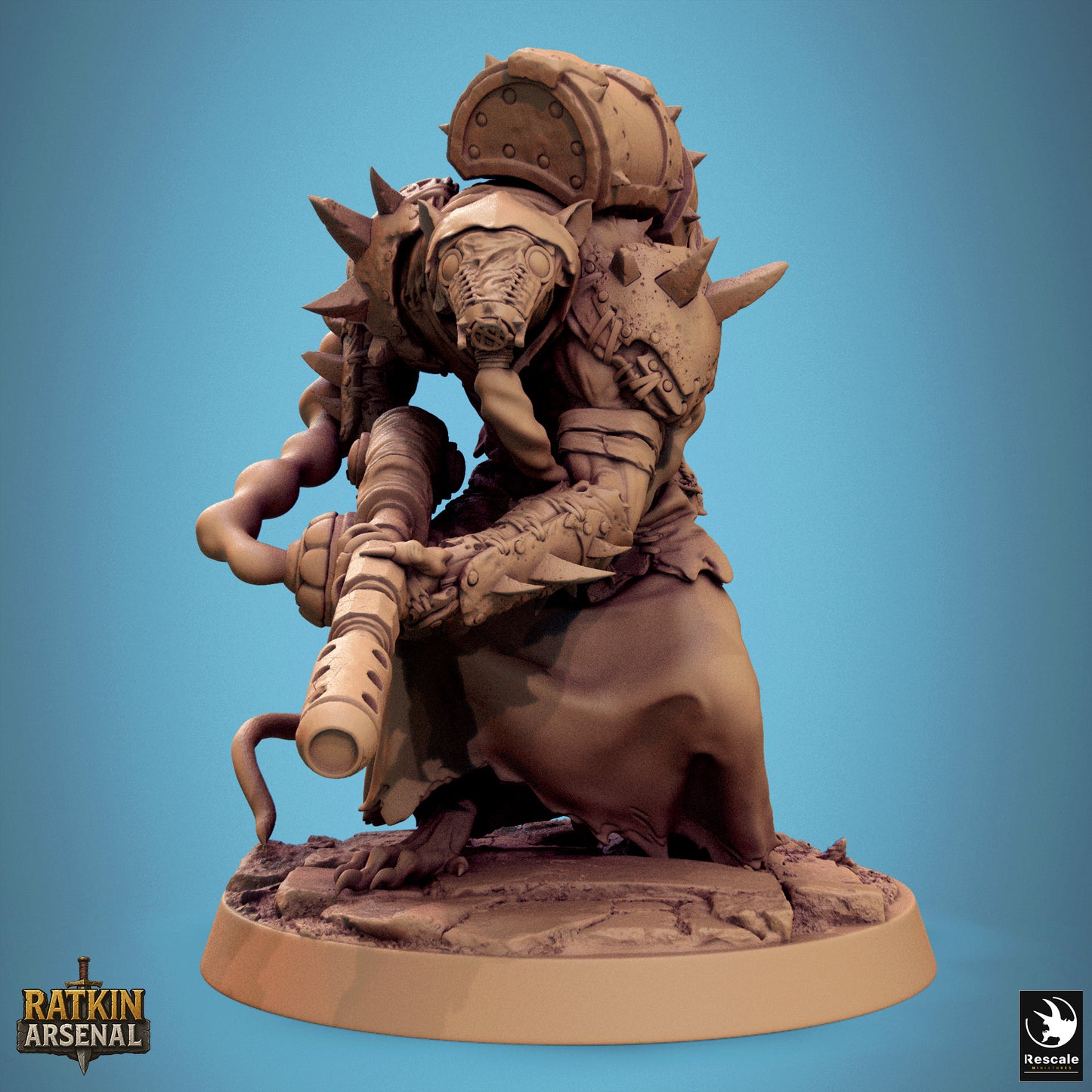 A 3D model of a heavily armored and armed character, possibly a warrior or knight, standing on a base and holding a weapon.