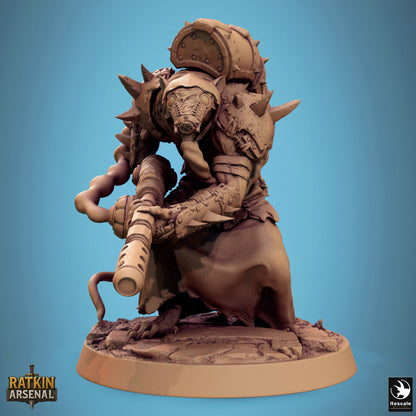A 3D model of a heavily armored and armed character, possibly a warrior or knight, standing on a base and holding a weapon.