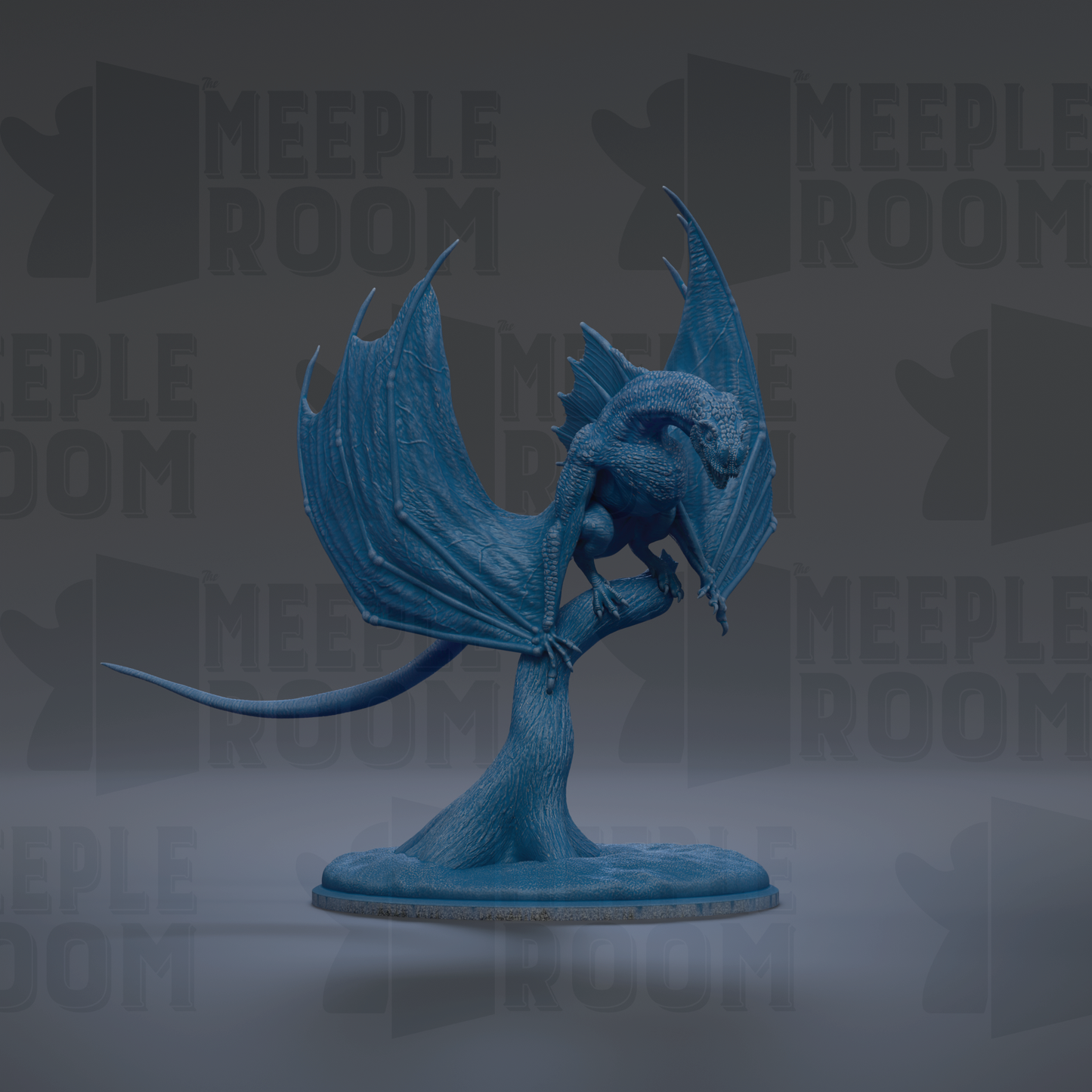 A blue dragon figurine with wings spread, standing on a base.