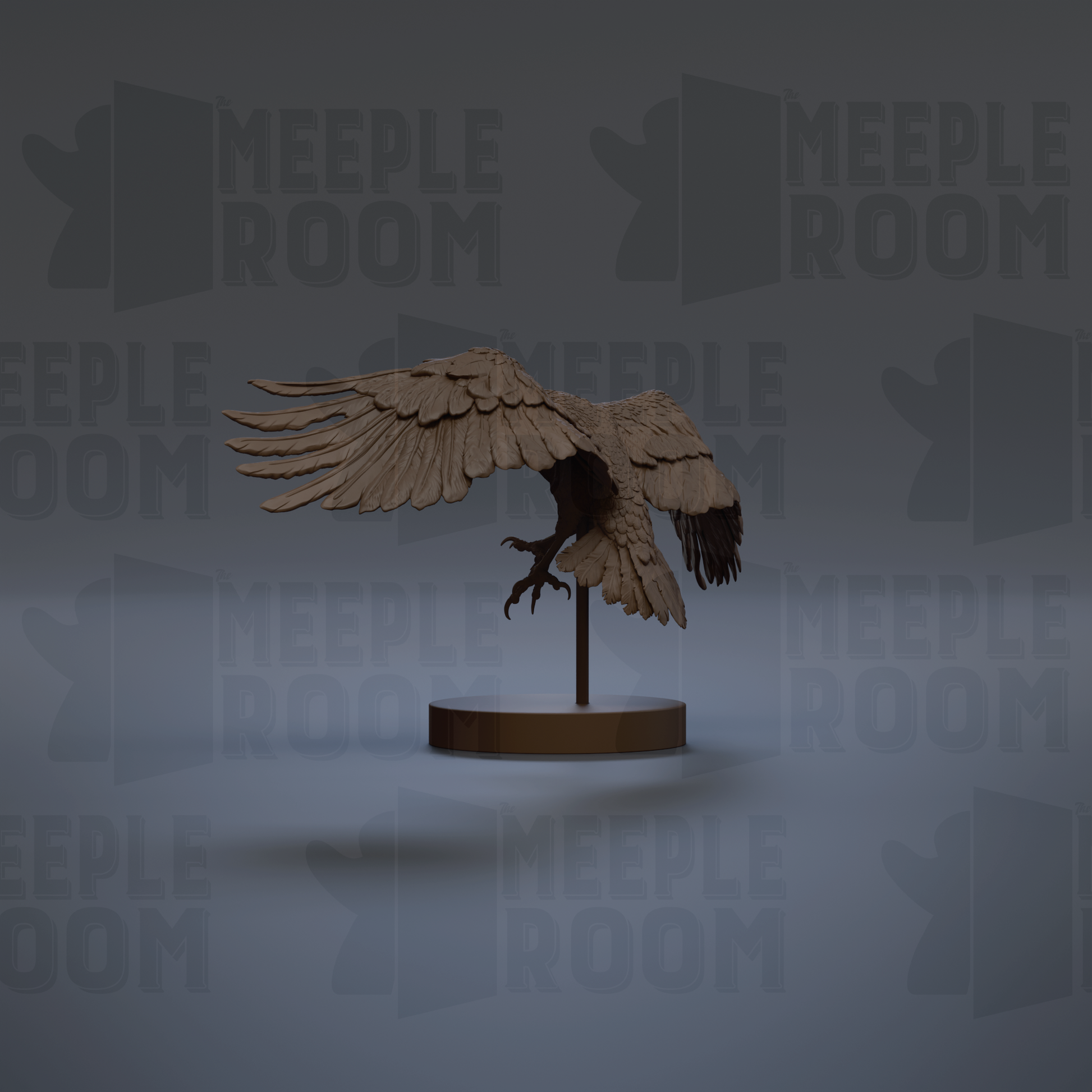 A 3D rendering of a bird sculpture with outstretched wings, displayed on a circular base against a dark background with repeated text.