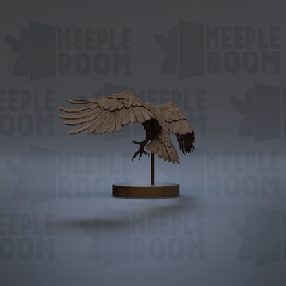 A 3D rendering of a bird sculpture with outstretched wings, displayed on a circular base against a dark background with repeated text.